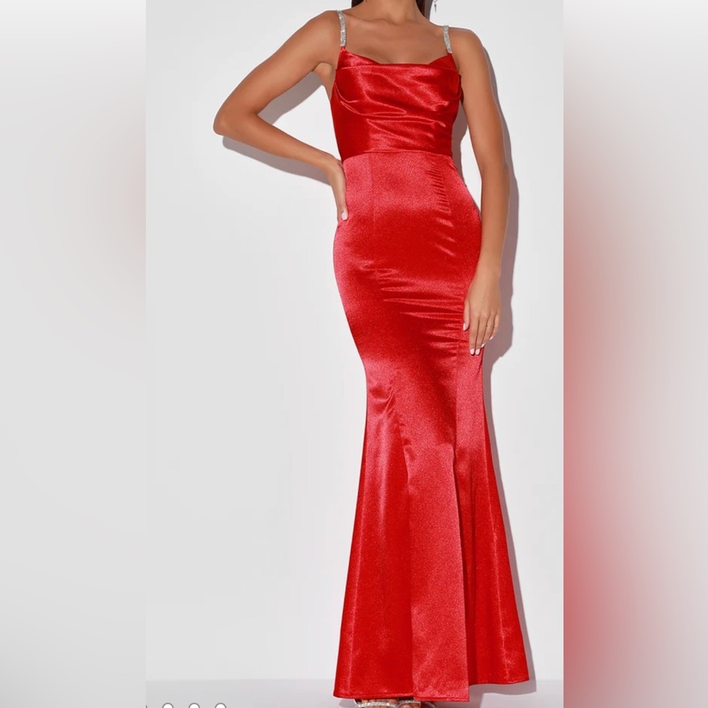 Lulu’s Luxe Take Red Satin Rhinestone Cowl Neck Maxi Dress. NWT. Medium